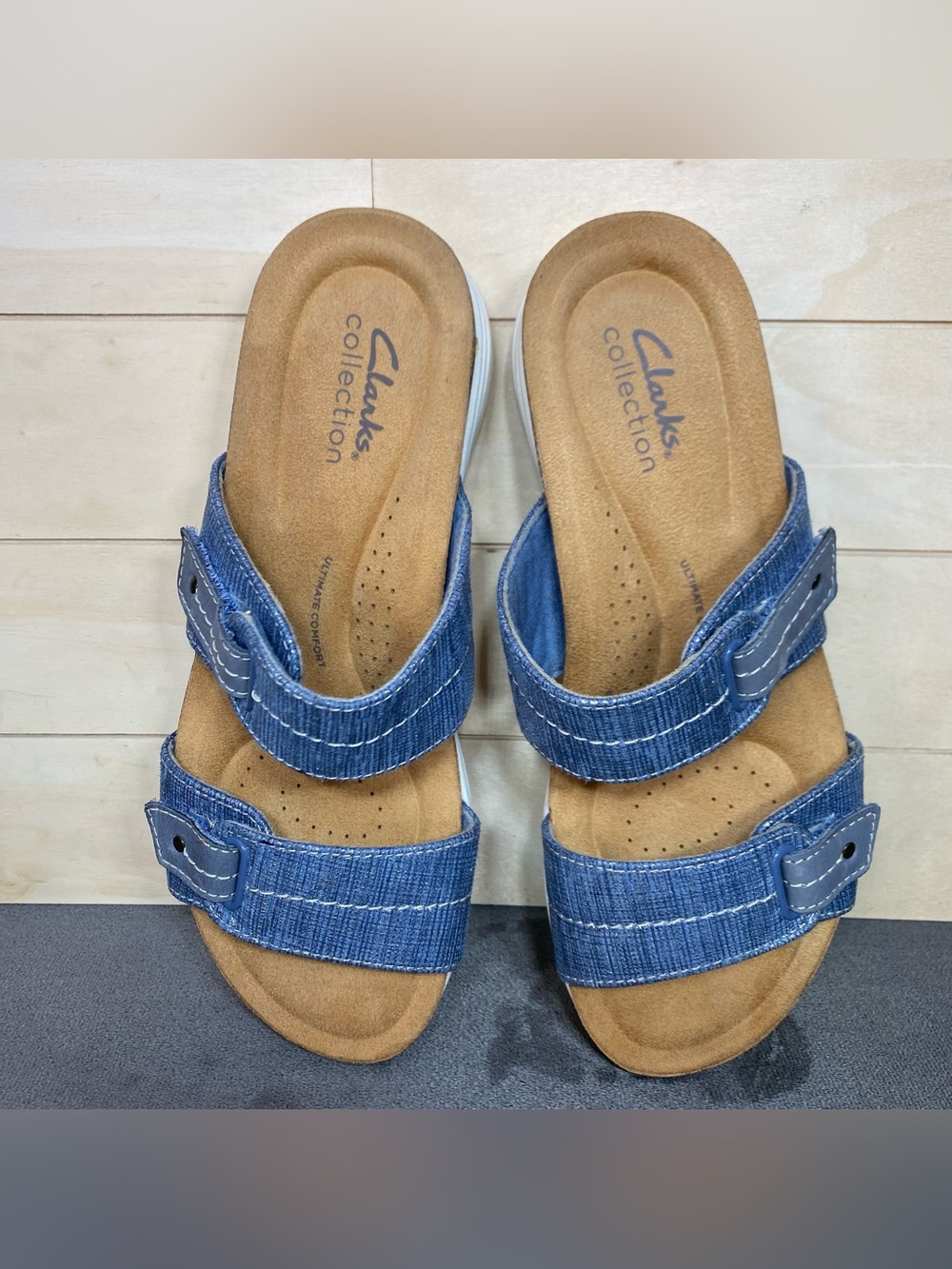 Clarks April Dusk Slide Sandals Women's Size 7.5 N Shoes Blue Silver Slip-Ons - Picture 8 of 11